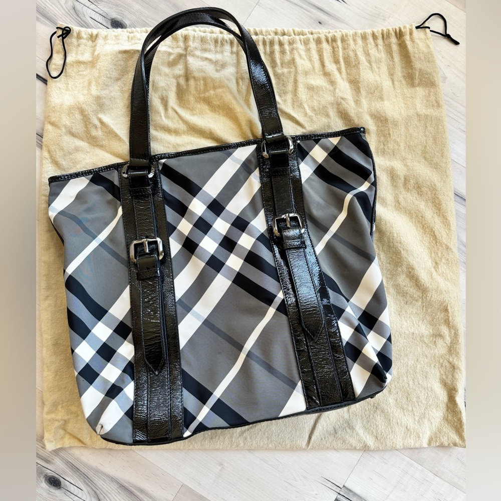 Black and gray Burberry check tote